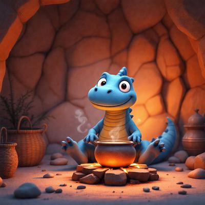 The primary subject of the image is a cartoon blue dinosaur sitting in a cave. The setting is a rocky environment, with the dinosaur surrounded by rocks and a fire pit. The visual style is digital art, as the dinosaur appears to be a character from a video game or animated show. The colors and mood of the image are predominantly dark and moody, with the dinosaur's blue color and the cave's rocky surroundings creating a dramatic atmosphere.